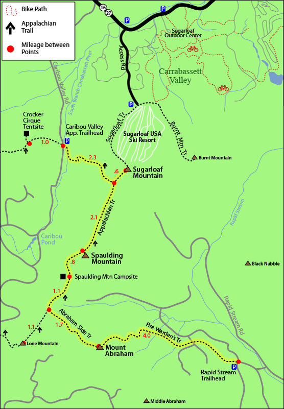 trail map sugarloaf mountain spaulding mount abraham via appalachian trail fire wardens trail from rapid stream or caribou valley traillhead. sugarloaf hiking map, hikers map sugarloaf ski resort carrabassett valley maine 4000 footers new england